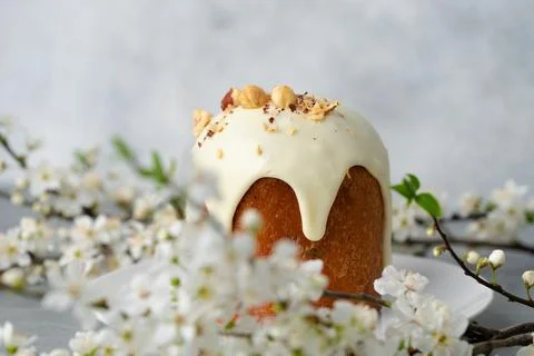 Traditional Easter cake with nuts on gray background Stock Photos