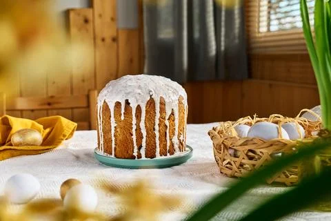 Traditional easter cake or sweet bread with topping and icing. Easter treat. Stock Photos