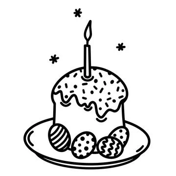 Traditional Easter cake, painted eggs on a plate. Hand drawn vector icon Illustrazione stock