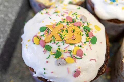 Traditional Easter Cake Paska with White Glaze and Golden Letters XB Stock Photos