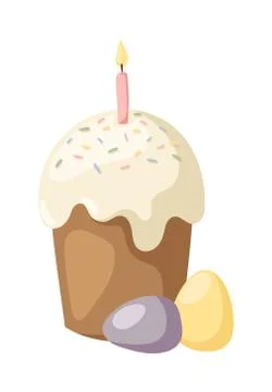 Traditional easter cake white sweet icing, sprinkles, holliday burning candle Illustrazione stock
