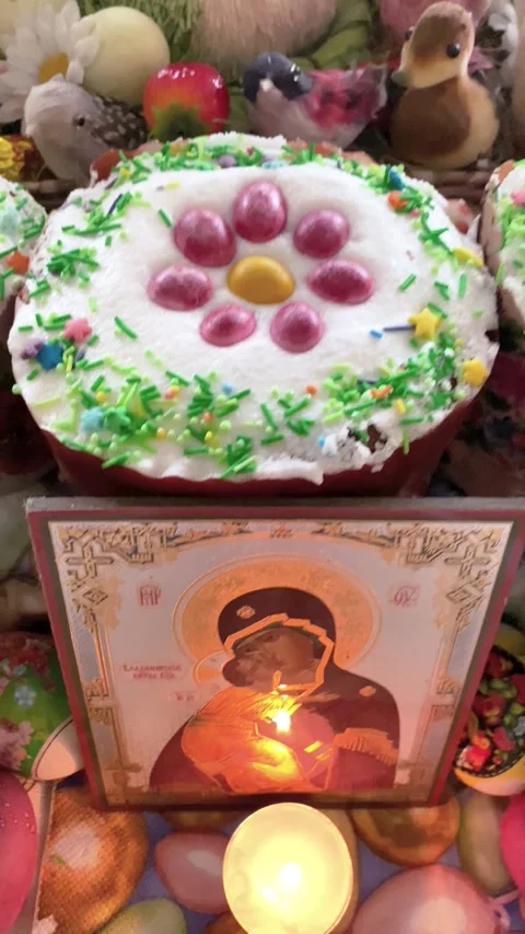 Traditional Easter Cakes, Burning Candle, Iconic Depiction of Blessed Mother. Stock Footage 241018765