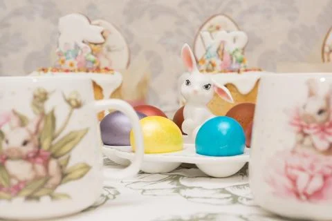 Traditional Easter dinner or brunch with cake. Stock Photos