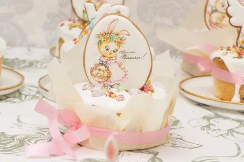 Traditional Easter dinner or brunch with cake. Stock Photos