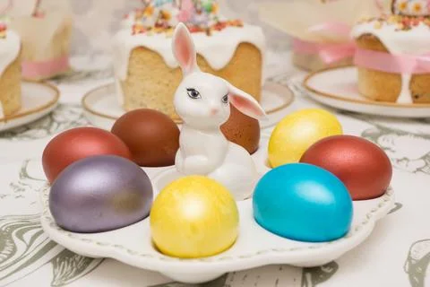 Traditional Easter dinner or brunch with cake. Stock Photos