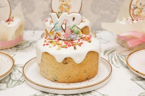 Traditional Easter dinner or brunch with cake. Stock Photos