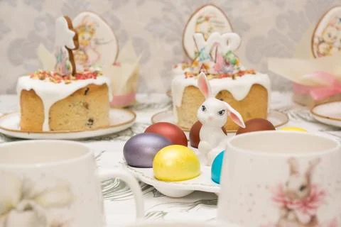 Traditional Easter dinner or brunch with cake. Stock Photos