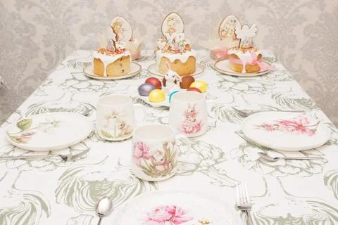 Traditional Easter dinner or brunch with cake. Stock Photos