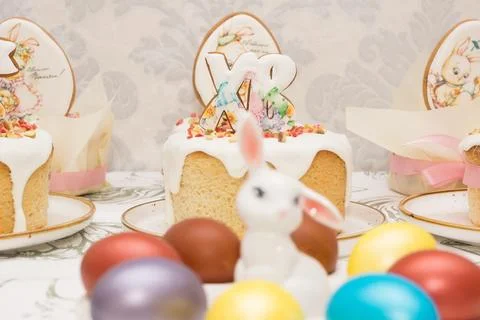 Traditional Easter dinner or brunch with cake. Stock Photos