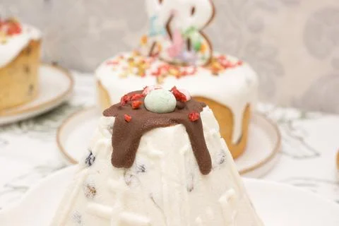 Traditional Easter dinner or brunch with cake. Stock Photos