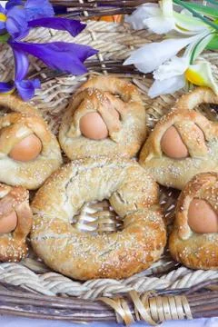 Traditional Easter donuts cuddure eggs in Sicily Stock Photos