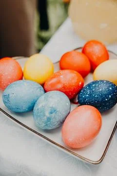 Traditional Easter eggs in blue, red and yellow colors . Close up. 写真素材