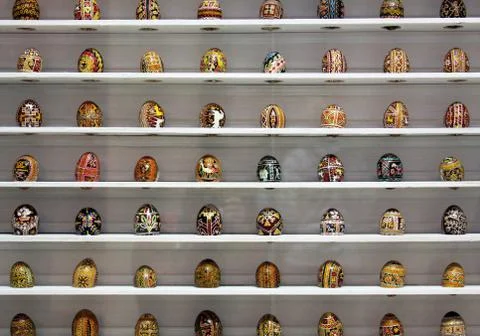 Traditional Easter eggs display in museum, Ukraine Stock Photos