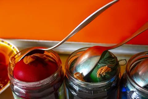 Traditional easter eggs dyed with leaves Stock Photos