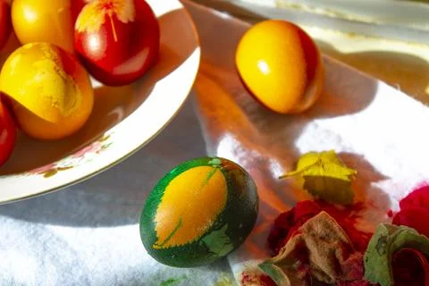 Traditional easter eggs dyed with leaves Stock Photos