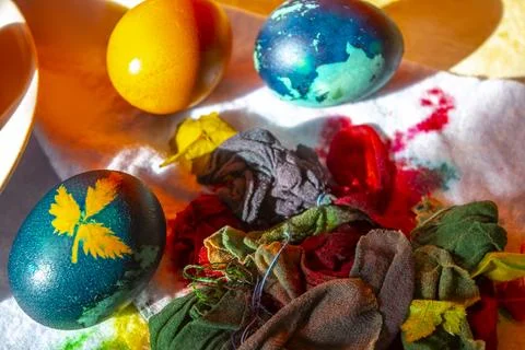 Traditional easter eggs dyed with leaves Stock Photos