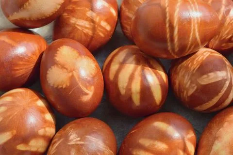 Traditional Easter eggs dyed with natural onion peels and leaves 写真素材
