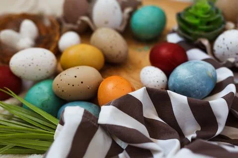 Traditional Easter painted eggs on white background. Stock Photos