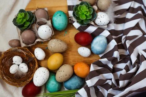 Traditional Easter painted eggs on white background. Stock Photos