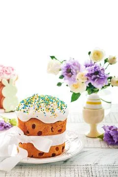 Traditional Easter sweet bread or cakes with white icing and sugar decor and  Stock Photos