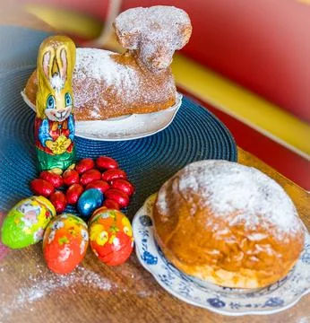 Traditional easter sweet lamb cake with sugar, eggs, on old vintage background Stock Photos