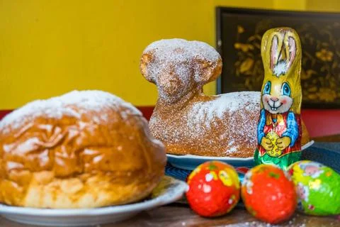 Traditional easter sweet lamb cake with sugar, eggs, on old vintage background Stock Photos