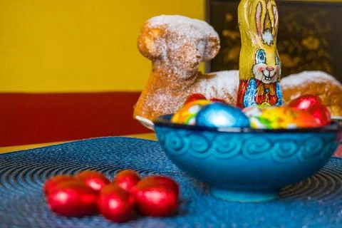 Traditional easter sweet lamb cake with sugar, eggs, on old vintage background Stock Photos