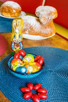 Traditional easter sweet lamb cake with sugar, eggs, on old vintage background Stock Photos