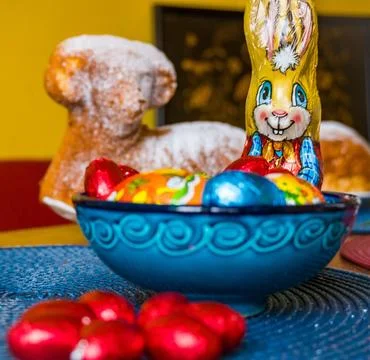 Traditional easter sweet lamb cake with sugar, eggs, on old vintage background Stock Photos