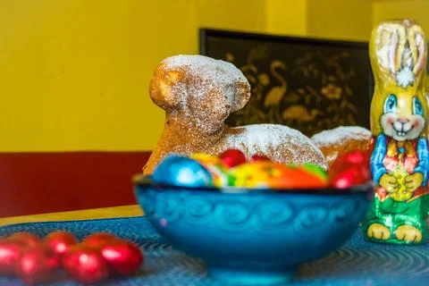 Traditional easter sweet lamb cake with sugar, eggs, on old vintage background Stock Photos