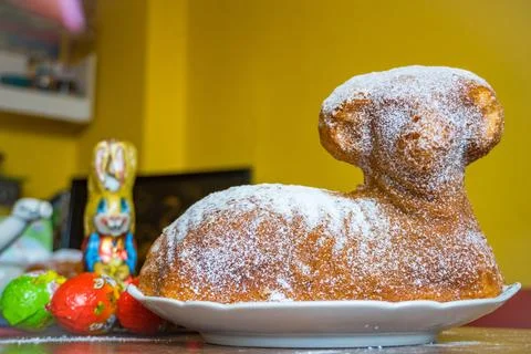 Traditional easter sweet lamb cake with sugar, eggs, on old vintage background Stock Photos