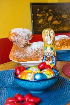 Traditional easter sweet lamb cake with sugar, eggs, on old vintage background Stock Photos