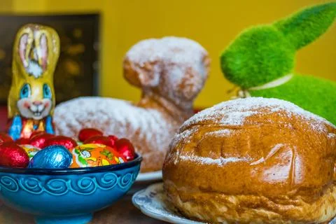 Traditional easter sweet lamb cake with sugar, eggs, on old vintage background Stock Photos