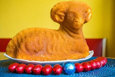 Traditional easter sweet lamb cake with sugar, eggs, on old vintage background Stock Photos