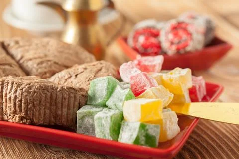 Traditional eastern desserts on the table Stock Photos