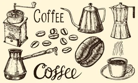 Traditional Filter Coffee Maker. Modern vintage elements, percolator, plants Stock Illustration