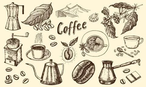 Traditional Filter Coffee Maker. Modern vintage elements, percolator, plants Stock Illustration