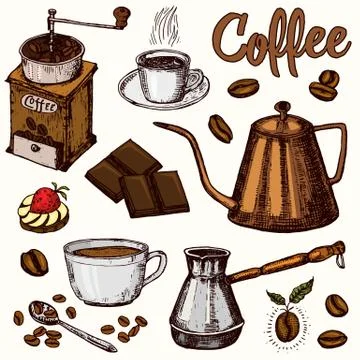 Traditional Filter Coffee Maker. Modern vintage elements, percolator, plants Stock Illustration