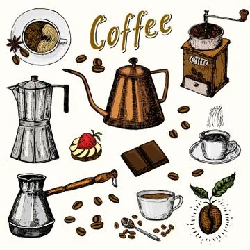 Traditional Filter Coffee Maker. Modern vintage elements, percolator, plants Stock Illustration