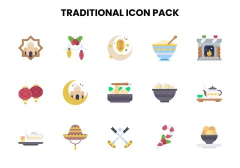 Traditional Flat Set Icons Pack Illustrazione stock