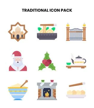 Traditional Flat Vector Icons Pack Stock Illustration