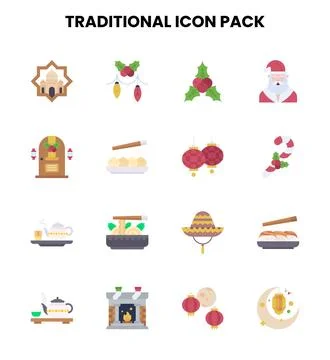 Traditional Flat Vector Icons Pack Stockillustratie
