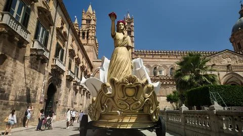 Traditional float of Saint Rosalia in front of Palermo Cathedral Stock Photos