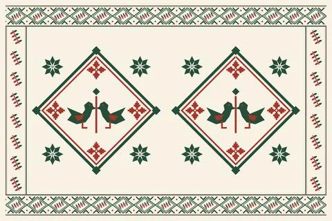 Traditional folk textile pattern featuring paired birds, flowers, diamonds,.. Stock Illustration