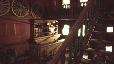 Traditional frontier saloon featuring wagon wheels and elegant fittings Stock Footage 342438526