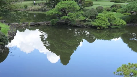 Traditional Garden Pond with Cloud Reflections on Water Stock Footage 341925867