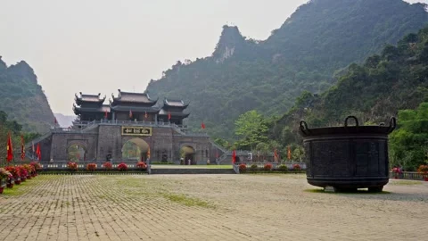 Traditional Gate and Bronze Urn at Bai Dinh Pagoda Stock Footage 344016840