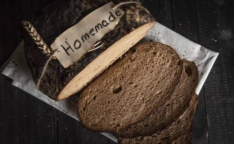 Traditional german rye-bread in low light. Crusty bread above view Crusty ... 스톡 사진