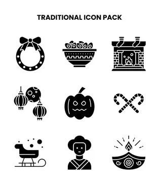 Traditional Glyph Vector Icons Pack Stock Illustration