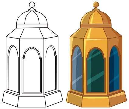 Traditional Gold Arabic Lantern Vector Illustration in Color and Line Art Stock Illustration